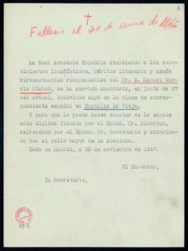 Minuta del diploma de Manuel García Blanco de académico correspondiente español en Castilla la Vieja