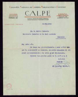 Carta del director técnico de Calpe a Emilio Cotarelo en la que le ruega que le envíe el original...