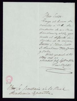 Carta de Luis Valdés al secretario [Manuel Tamayo y Baus] con la que remite la medalla de académi...