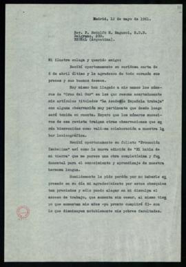 Copia sin firma de la carta de Julio Casares a Rodolfo M. Ragucci agradeciéndole el envío de algu...