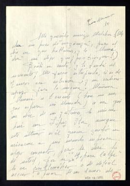 Carta de M.ª Elvira Lacaci a Melchor Fernández Almagro en la que le dice que si la colección es d...