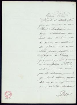 Carta de Fran[cisco] Silvela al secretario, Mariano Catalina, de agradecimiento a la Academia por...