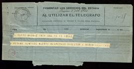 Telegrama de pésame de Lorenzo Riber por el fallecimiento del director Miguel Asín