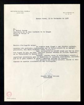 Carta de Gonzalo Sáenz Briones, presidente de la Institución Cultural Española de Buenos Aires, a...