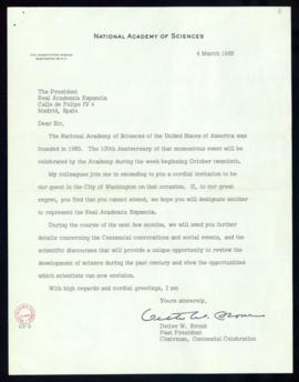 Carta de Detlev W. Bronk, presidente de la celebración del centenario de la Academia Nacional de ...