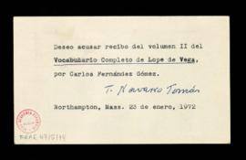 Acuse de recibo del volumen II del Vocabulario completo de Lope de Vega, por Carlos Fernández Gómez