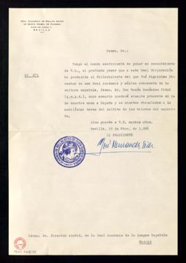 Oficio de José Hernández Diaz, presidente de la Real Academia de Bellas Artes de Santa Isabel de ...