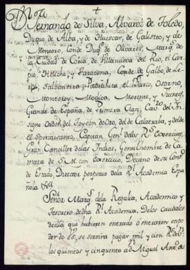 Libramiento de 1100 reales de vellón a favor de Miguel Antonio de Tagle, amanuense, y Alonso Pére...