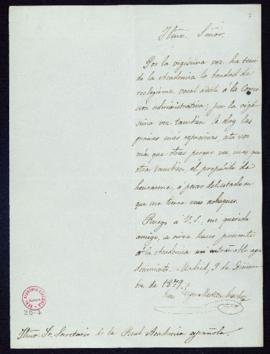 Carta de Juan Eugenio Hartzenbusch al secretario [Manuel Tamayo y Baus] en la que le ruega que ha...