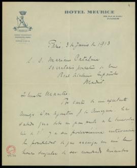 Carta de Alberto del Solar a Mariano Catalina en la que agradece su nombramiento como académico c...