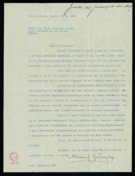 Carta de Manuel Gálvez, hijo, a Ramón Menéndez Pidal en la que le agradece su nombramiento de cor...