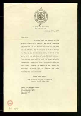 Carta del Comité de Personal de la Hispanic Society of America a Dámaso Alonso con la que le remi...