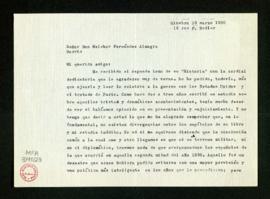 Carta de Pablo de Azcárate a Melchor Fernández Almagro en la que le agradece el segundo tomo de s...