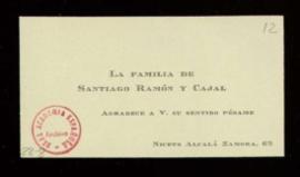 Tarjeta de la familia de Santiago Ramón y Cajal de agradecimiento por el pésame