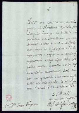 Carta de Miguel de la Iglesia Castro a Juan Trigueros en la que le ruega que transmita a la Acade...
