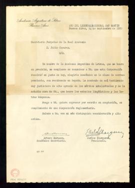 Oficio del presidente y el secretario de la Academia Argentina de Letras a Julio Casares para com...