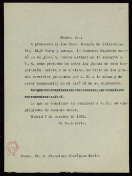 Copia sin firma del oficio del secretario [Emilio Cotarelo] a Francisco Rodríguez Marín del acuer...