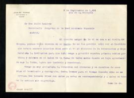 Carta de José María Pemán a Julio Casares en la que le comunica que, como no pudo ver al Caudillo...