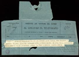 Telegrama de pésame del Jefe local del Movimiento de Sabadell por la muerte del ilustre cervantis...