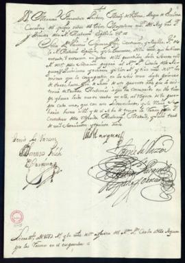 Orden del marqués de Villena de libramiento a favor de Carlos de la Reguera de 587 reales y 10 ma...