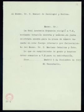 Minuta del oficio del secretario, Emilio Cotarelo, a Manuel de Saralegui y Medina de comunicación...