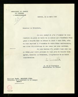 Carta de Guy de La Tournelle, embajador de Francia, a Ramón Menéndez Pidal con la que adjunta la ...