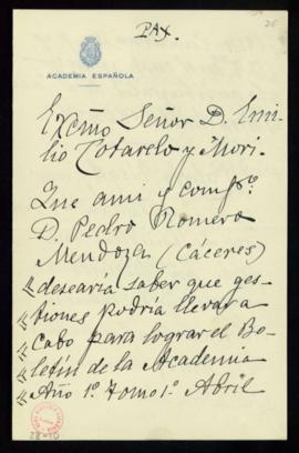 Carta del conde de las Navas a Emilio Cotarelo en la que le traslada dos peticiones de dos conoci...