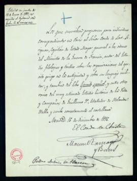 Propuesta firmada por el conde de Cheste, Manuel Tamayo y Baus y Pedro Antonio de Alarcón del con...