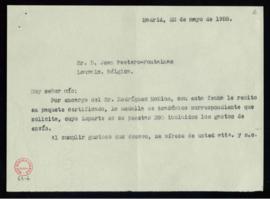 Carta a Jean Peeters-Fontainas para informarle de que, a petición de Rodríguez Moñino, se le remi...