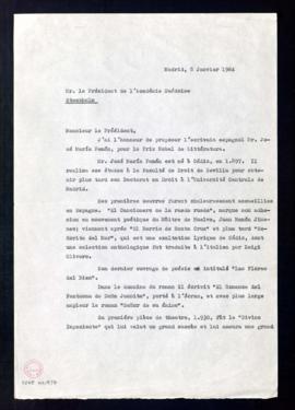 Copia de la carta de Ramón Menéndez Pidal al presidente de la Academia Sueca en la que propone a ...