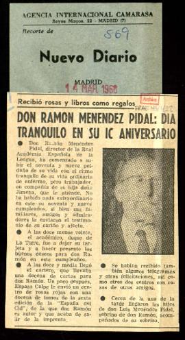 Recorte de Nuevo Diario con el artículo Don Ramón Menéndez Pidal: día tranquilo en su IC aniversario