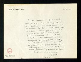 Carta de Gregorio Marañón a Melchor Fernández Almagro en la que le dice que la conferencia de Tel...