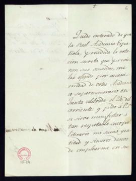 Carta de José María de Zuaznávar a Francisco Antonio González en la que agradece su admisión como...