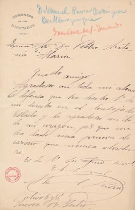 Carta de Manuel Pavía Rodríguez de Alburquerque a Pedro Antonio de Alarcón para agradecer la defe...