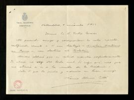 Carta de Narciso Alonso Cortés a Julio Casares para informarle de que en sobre aparte certificado...