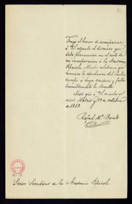 Carta de Rafael M.ª Baralt al secretario [Manuel Bretón de los Herreros] con la que adjunta su di...