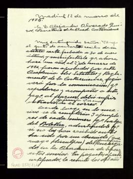 Minuta de la carta de Emilio Cotarelo a Alejandro Alvarado Quirós, secretario de la Academia de C...