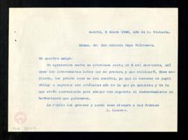Copia de la carta de Julio Casares a Antonio Royo Villanova para agradecerle los datos que le pro...