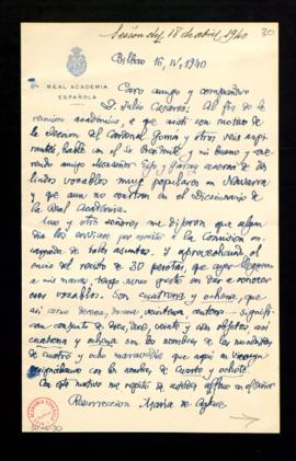 Carta de Resurrección María de Azkue a Julio Casares en la que da a conocer los vocablos cuatrena...
