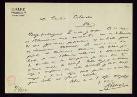 Carta de J. Gallach a Emilio Cotarelo en la que le comunica que se ha tenido que quedar en Barcel...