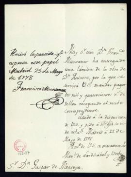 Orden de Manuel de Lardizábal del pago a Francisco Muntaner de 2400 reales de vellón por una lámi...