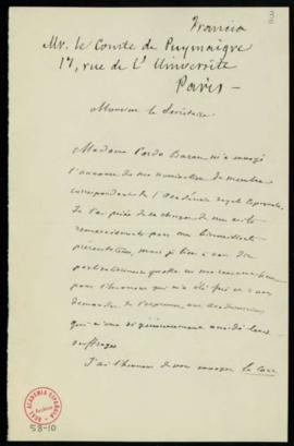 Carta del conde de Puymaigre [Théodore-Joseph Boudet de Puymaigre] al secretario [Manuel Tamayo ...