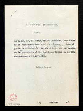 Copia sin firma del saluda de Rafael Lapesa, secretario, a Manuel Brañas Martínez, presidente de ...