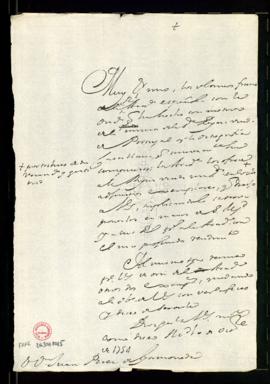 Minuta de la carta [de Francisco Antonio de Angulo] a Juan Pérez de Gamoneda con la que remite pa...