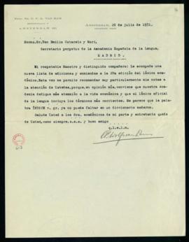 Carta de C. F. Adolf van Dam a Emilio Cotarelo con la que le remite una lista extensa de adicione...