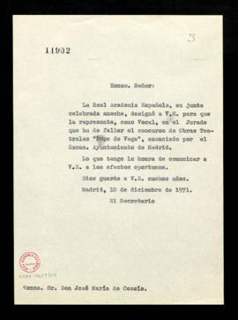 Copia sin firma del oficio del secretario a José María de Cossío con el que le comunica la design...