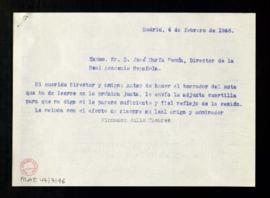 Copia sin firma de la carta de Julio Casares a José María Pemán con la que le remite, antes de pr...