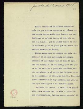 Carta de José Rodríguez Carracido [Coumes y Gay] al secretario [Emilio Cotarelo] de agradecimient...