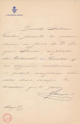Carta de Germán Gamazo a Antonio  en la que le asegura que tendrá en cuenta la recomendación a fa...