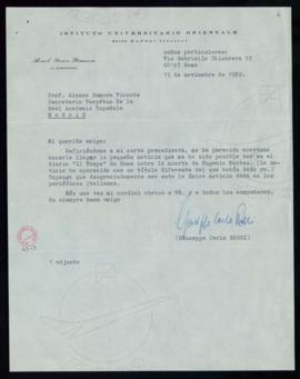 Carta de Giuseppe Carlo Rossi a Alonso Zamora Vicente a la que adjunta una noticia que ha escrito...